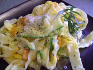 Pasta with Veggie Ribbons and Garlicky Alfredo Sauce