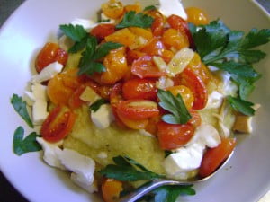 Roasted Cherry Tomatoes and Smoked Mozzarella over Soft Polenta